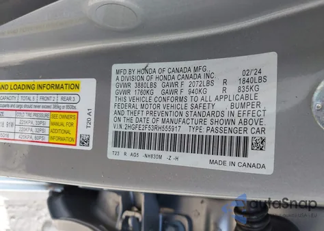 2024 Honda Civic Sport from USA, damaged, VIN 2HGFE2F53RH555917